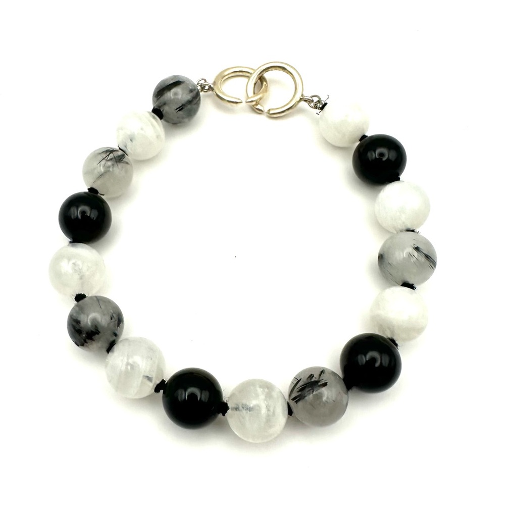 Tiffany & Co Bead Moonstone Quartz, Onyx Gemstone Bead & Silver Bracelet